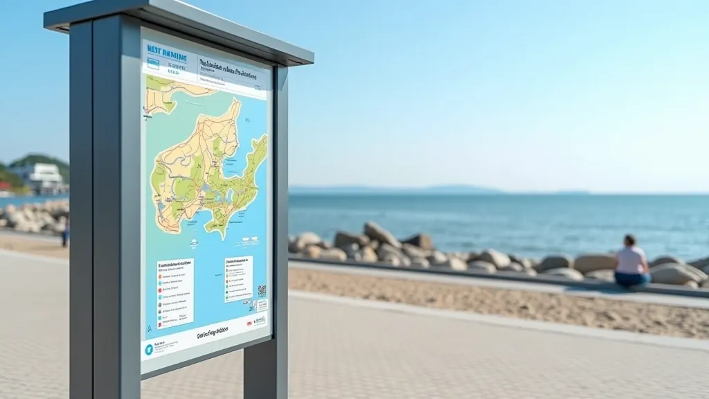 Tablica informacyjna na terenie nadmorskiej promenady z wytycznymi dla odwiedzających