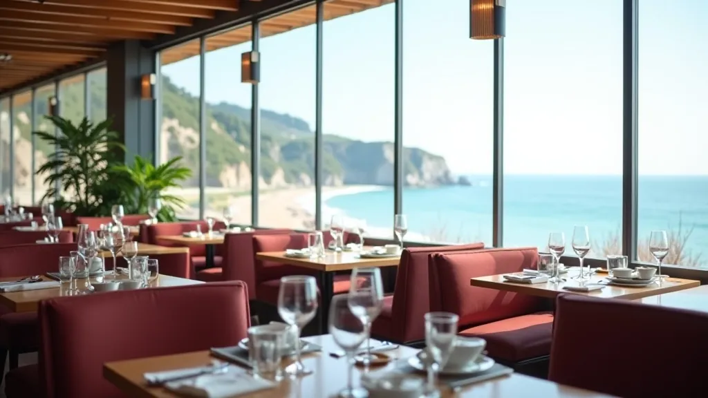 Restauracja z widokiem na klifu Gdyni Orłowo, jasne wnętrze, duże okna, stary mężczyzna patrzy na krajobraz